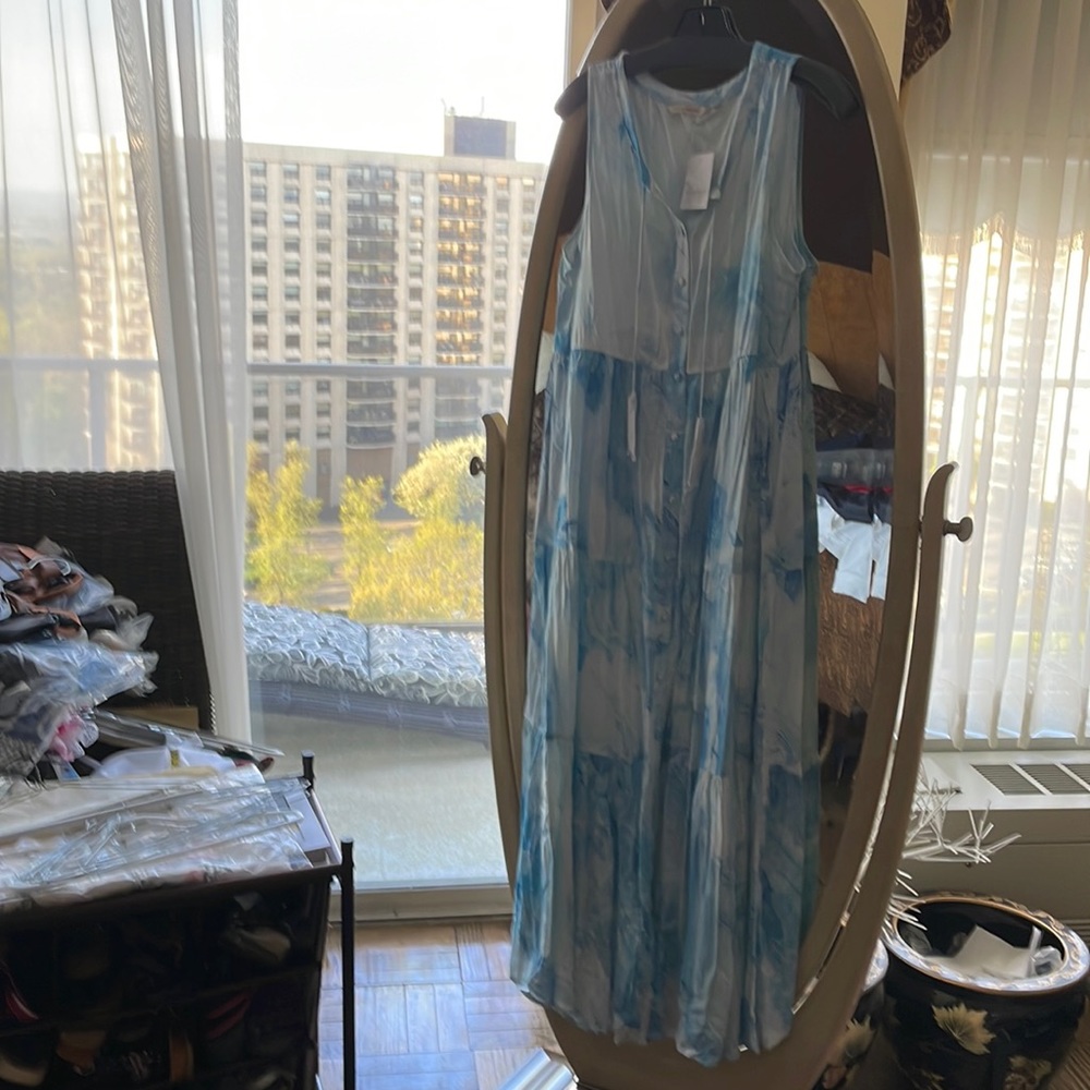 Long blue cloud print dress